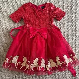 Girls size 4 Red Zunie sequin and unicorn dress. Like new